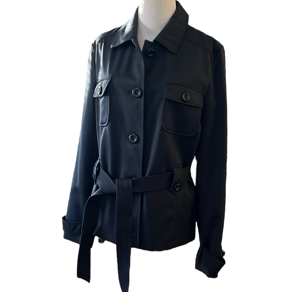 APOSTROPHE BELTED BUTTON FRONT SHORTER TRENCH STYLE JACKET NAVY BLUE SIZE 12